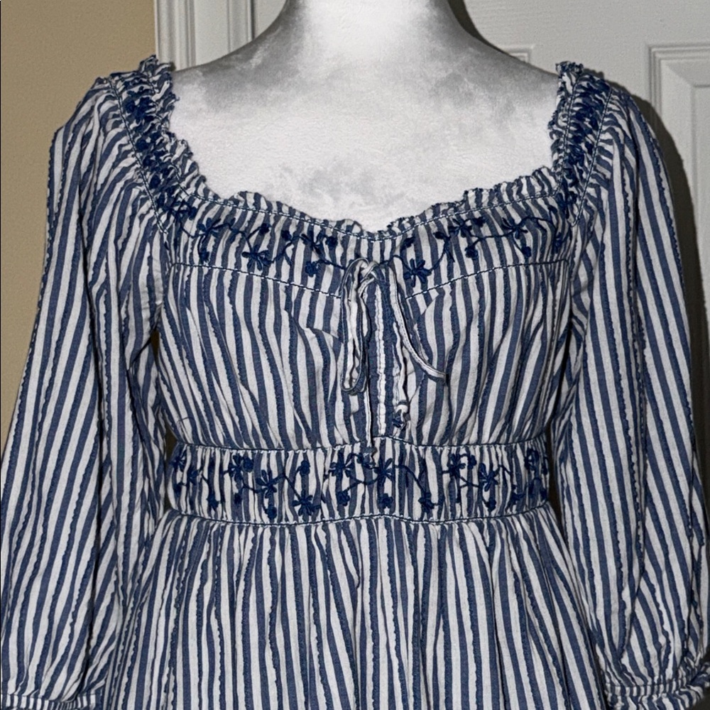 American Eagle Women's Blue & White Striped Puff Sleeve Embroidered Mini Dress S - Picture 2 of 13
